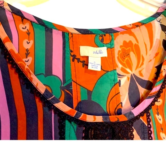 Anthropologie Odille 100% silk print peasant top orange & pink with black lace 6 - Picture 7 of 9